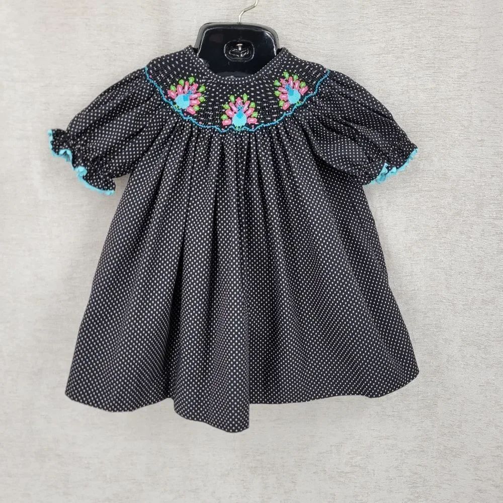 Stellybelly Turkey Thanksgiving Smocked Black Polka Dot Ricrac Trim Girls' Top
